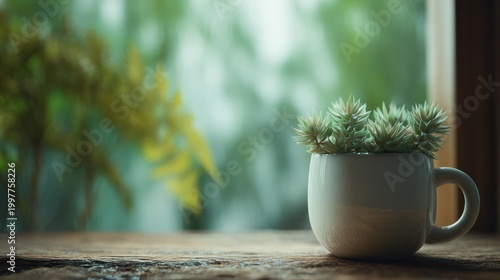 Indoor scene featuring a potted succulent plant on a rustic wooden surface near a window with lush