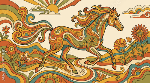 Psychedelic stylized horse illustration with intricate patterns and flowing mane.