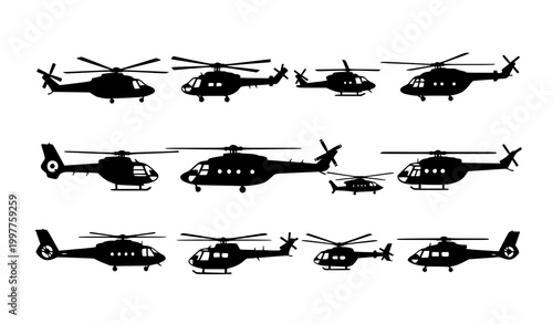 Helicopter silhouette vector set with military rescue and transport aircraft icons isolated on white background