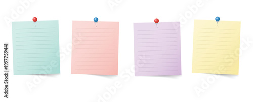 Pastel Blank Sticky Notes with Push Pins Vector Illustration Isolated