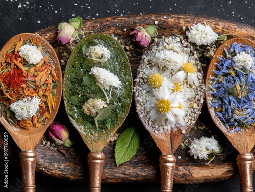 Colorful spoons showcasing vibrant herbs and flowers
