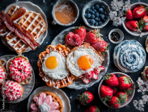 Delicious breakfast spread with waffles and fresh fruits