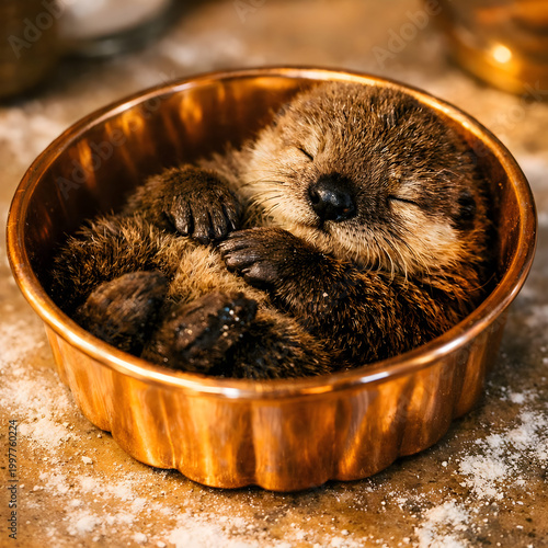 Adorable otter sleeps snugly in a copper bowl