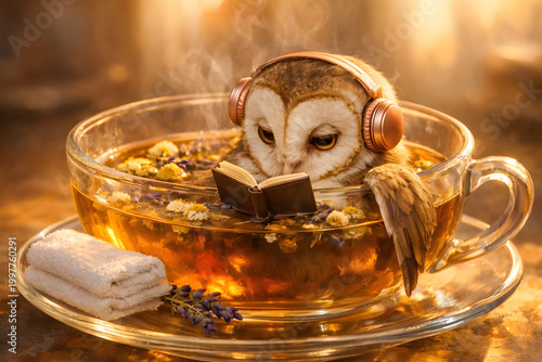 Owl bathes in tea with headphones and book