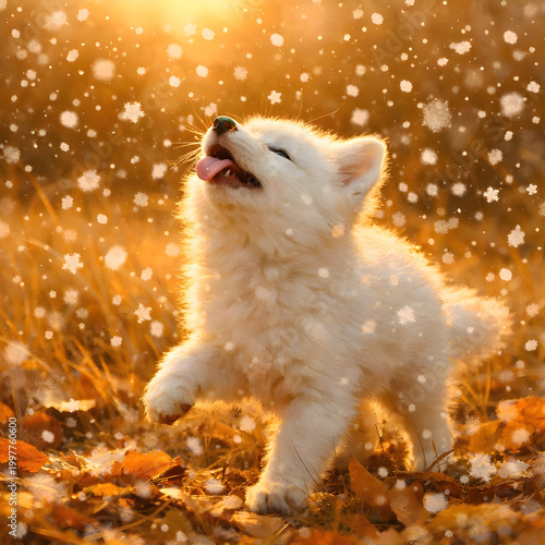Puppy delight: adorable fluffy dog enjoys autumn snowflakes