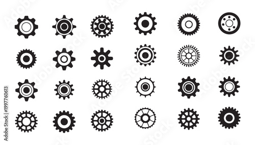 Diverse selection of gear icons, symbolizing industry and technical processes.