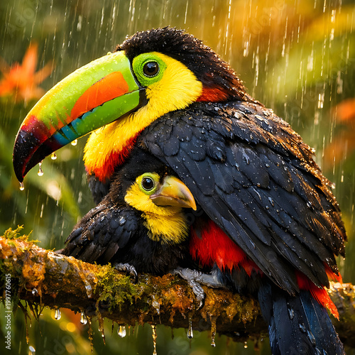 Colorful toucans sheltering from rain on tropical branch