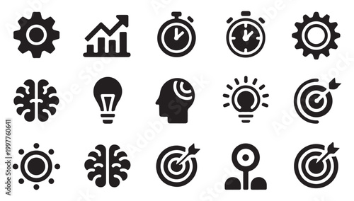 Business and creative concept icons collection featuring brain lightbulb and target symbols.