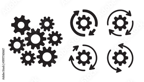 Industrial gear collection with circular arrows representing technical process and workflow.