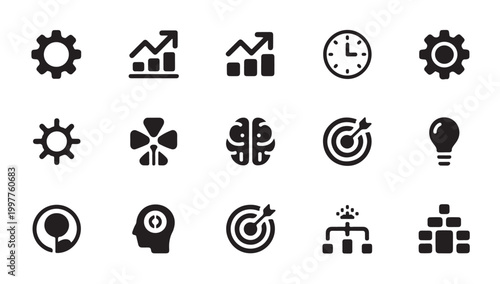 Business management icons including growth charts clock gears and brain concept illustrations.