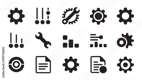 Industrial and technical iconography depicting maintenance tools settings and data analysis.