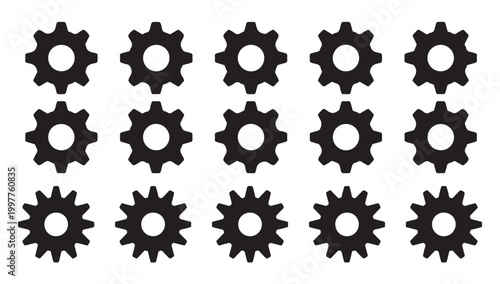 Simple cogwheel grid layout showing various gear designs for settings and configuration menus.