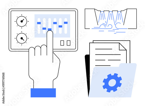 Automation, data management, workflow efficiency, industrial process, machine operation, digital files. A hand adjusting a control panel, process illustration and document folder. Automation