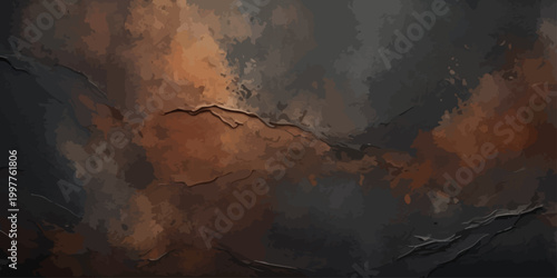 Dramatic storm clouds and a dark moon light the blue night as fire in the water and forest creates abstract smoke and fog over old rusty iron texture