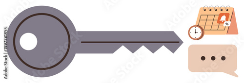 Security measures, time management, communication, organization, scheduling, collaboration. Large key illustration with a calendar, clock and speech bubble. Security and time management concepts