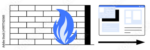 Internet security, firewall protection, data safety, cybersecurity, online privacy, web defense. Firewall icon beside a webpage. Internet security and firewall protection