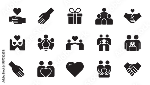 Set of charity and donate icons showing helping hands, hearts, people and gifts.