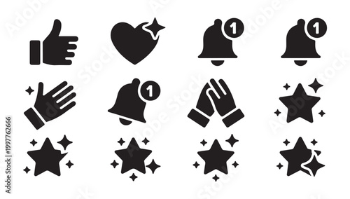 Social media like, rating, praise icons with stars, bell notification, hands.