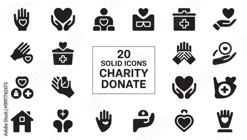 Set of twenty solid charity and donate icons illustrating various philanthropic activities.