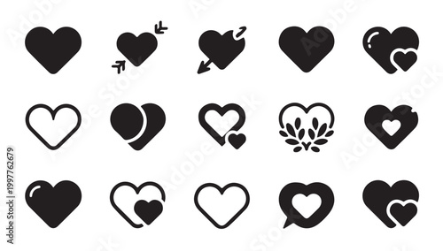 Set of fifteen heart icons illustrating love affection romance and valentine day symbols.