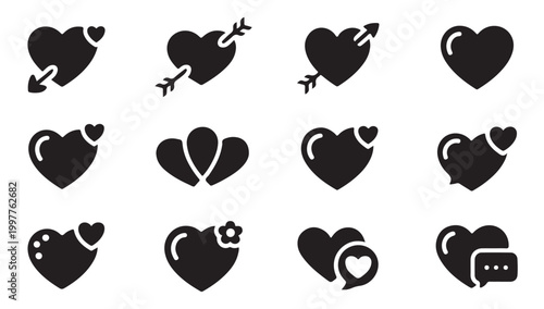 Set of twelve heart icons illustrating love romance and connection for valentine projects.