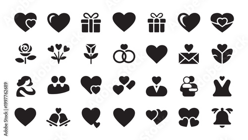Set of twenty eight heart icons illustrating love romance wedding and marriage concepts.