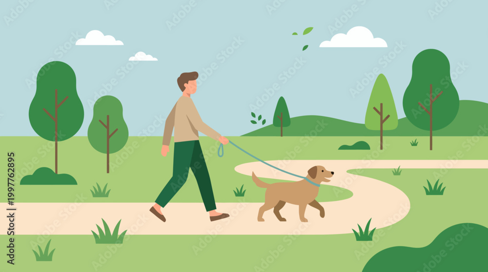 Naklejka premium A Person Walks a Dog Along a Sunny Park Trail Through Greenery in a Bright Outdoor Scene.