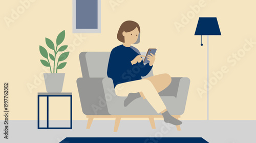 Illustration of a person relaxing at home reading a book on a sofa.