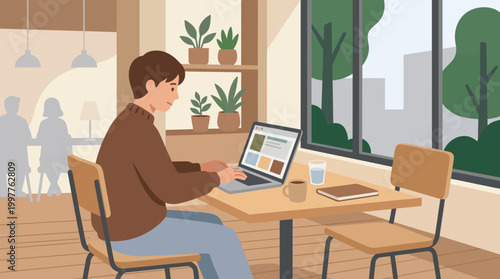 A person works on a laptop inside a bright cafe by the window, surrounded by plants and urban scenery.