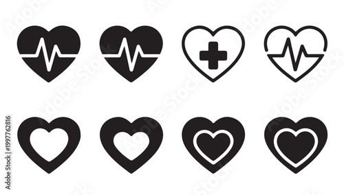 Heart medical and pulse icons collection with rhythm lines isolated on white flat background.