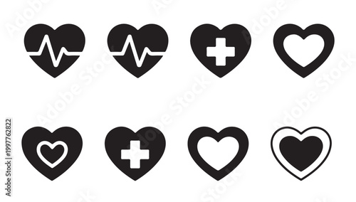 Heart pulse icon set for healthcare and medical monitoring in simple black silhouette style.