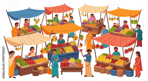 Vibrant vector illustration depicting a bustling Indian summer market scene, showcasing vendors selling fresh produce under colorful canopies, set against a bright background that captures