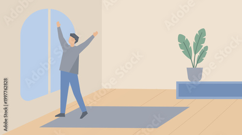 Person practicing yoga and stretching at home in a cozy living room with a mat and plants.
