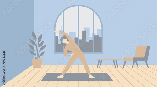 Person practicing yoga on a mat in a bright home studio with a city view.