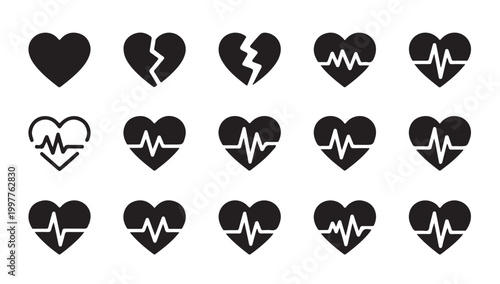 Broken heart and cardiogram icons for emotional distress and cardiac health vector set design.