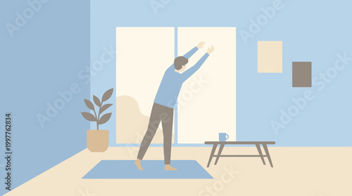 Person performing a morning stretch exercise indoors in a bright room.