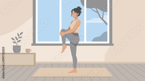 Woman practicing yoga at home indoors with a large window, calm and peaceful routine.
