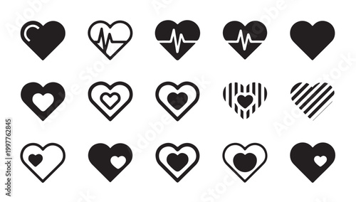 Minimalist heart icons for romantic decoration and medical branding graphic elements set art.