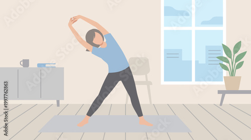 Person practicing yoga and stretching at home in a cozy living room during daylight.