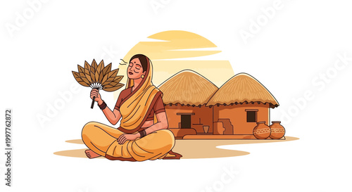 A woman in a sari fans herself in the Indian summer heat near a rural thatched-roof home, depicted in a warm-toned illustration conveying a hot day concept in India with traditional elements