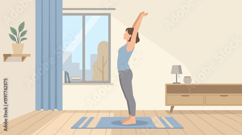 Young woman performing yoga routine in a bright home living room.