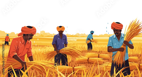 Illustrative scene of Indian farmers harvesting golden wheat during the hot summer season in India, depicted with a vibrant color palette and a wide shot capturing the vast, sunny weather