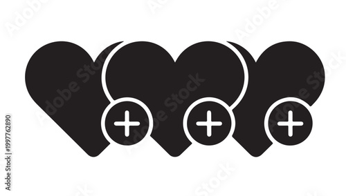 Multiple black hearts with plus signs, symbolizing added favorites or health indicators, vector.