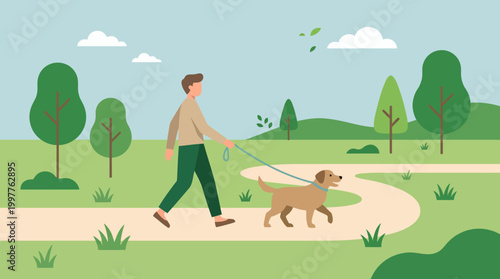 A Person Walks a Dog Along a Sunny Park Trail Through Greenery in a Bright Outdoor Scene.