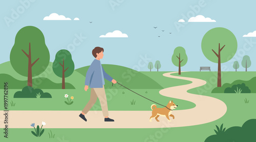 Peaceful park scene with a person walking a small dog along a winding pathway through trees and grass.