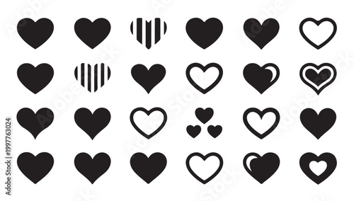 Heart icons collection with various styles for romantic love and valentine day celebration.