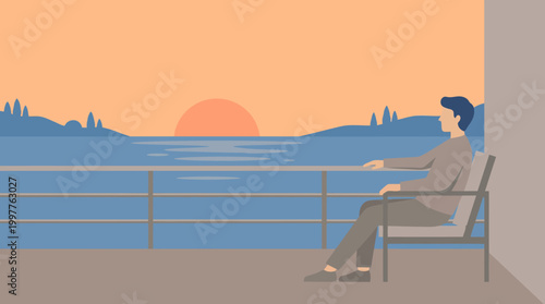 Sunset by the Seaside: A Man Sitting on a bench Leans Back and Watches the Calm Horizon Over the Water.