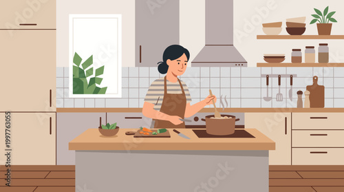 Woman preparing a meal at a modern kitchen island with cookware and fresh ingredients.