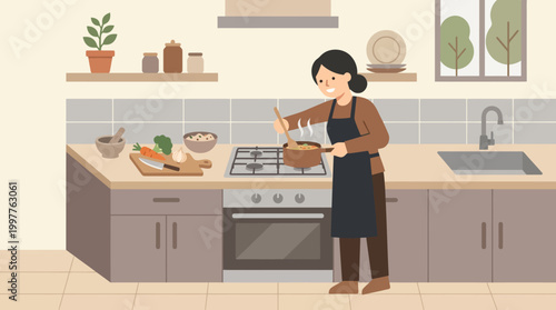 A woman cooking in a modern kitchen, preparing food on the stove with utensils and ingredients nearby.