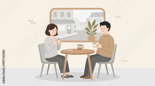 Two People Enjoy Casual Coffee and Conversation at an Outdoor Café Setting.